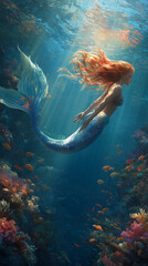 a sapphire-tailed mermaid gliding horizontally through vibrant coral reef, her fiery orange-red hair flowing dynamically amidst soft sunbeams and tropical fish in crystal-clear ocean waters