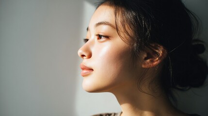 Naklejka premium 横顔が美しい若い女性のシンプルなポートレート｜横顔, 若い女性, ポートレート