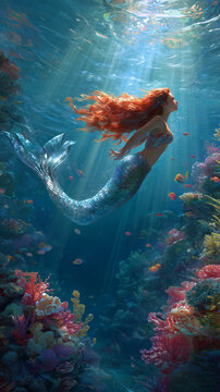 a sapphire-tailed mermaid gliding horizontally through vibrant coral reef, her fiery orange-red hair flowing dynamically amidst soft sunbeams and tropical fish in crystal-clear ocean waters