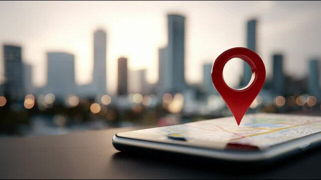A red location pin is spinning on the map of the city displayed on a mobile phone screen with a blurred background of a modern urban skyline.