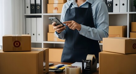 Person in apron using phone, surrounded by shipping boxes, preparing orders.