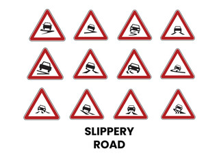 Collection of Slippery Road Warning Signs for Drivers