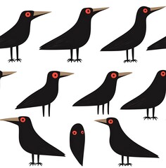 Obraz premium A seamless pattern of simple cartoon black crows with long beaks and red eyes on a white background