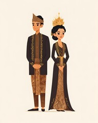 Retro vector illustration of a cartoon bride and groom in wedding dress with a woman in a fashionable black hat silhouette