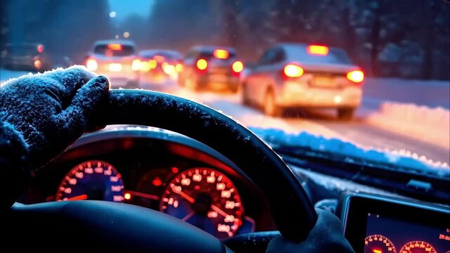 A snowy scene viewed from a car's interior, showing a steering wheel and cars with red brake lights ahead.