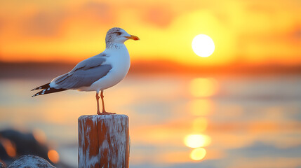 seagull on a wooden post near the ocean background for summer
