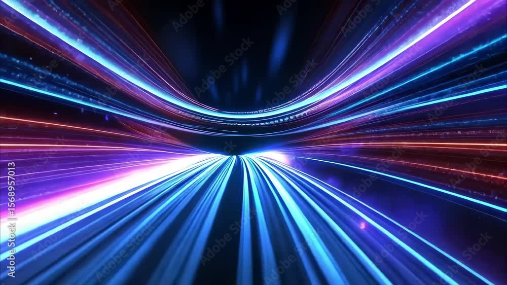 Poster a dynamic burst of colorful light streams, creating a futuristic tunnel effect with vibrant blues, p