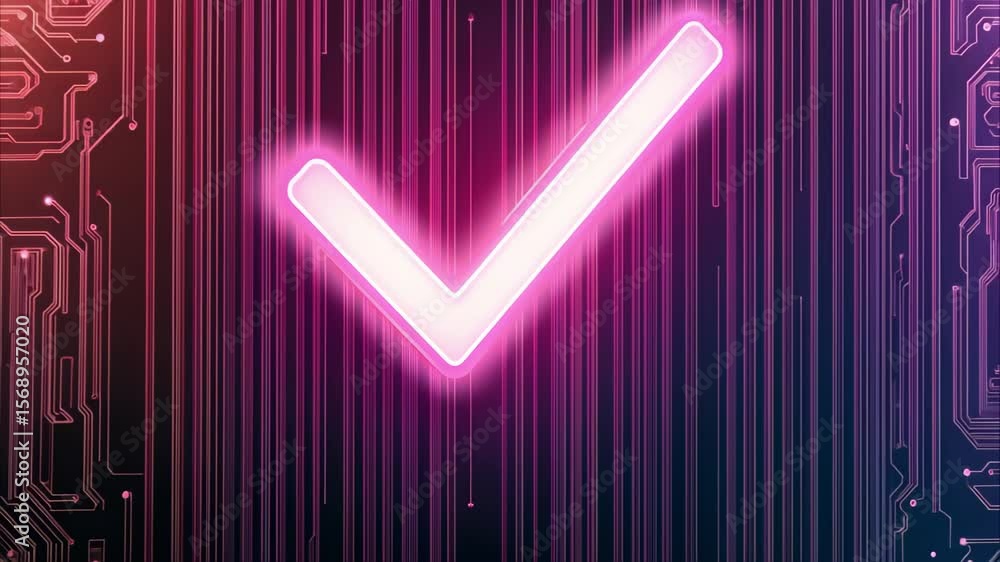 Aufkleber a glowing pink checkmark against a background of circuit patterns and digital lines.