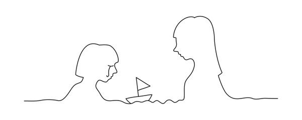 Continuous line art of a human listening with understanding to a child who is crying, mental health concept.