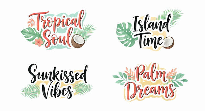 Happy summer text set vector icon with palm dreams, island time and tropical soul calligraphy