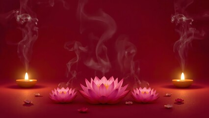 Serene Pink Lotus Flowers and Incense Smoke with Glowing Diyas on Red Background