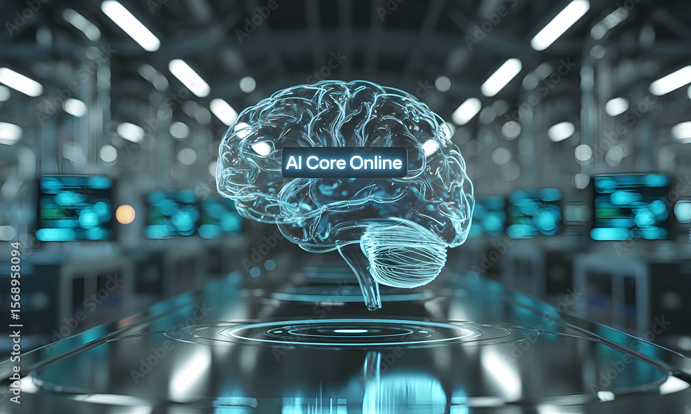 Poster digital brain with online ai core illuminates in futuristic data center, showcasing technology's fut
