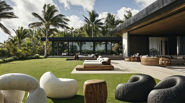 Modern outdoor living area with tropical landscaping and unique furniture