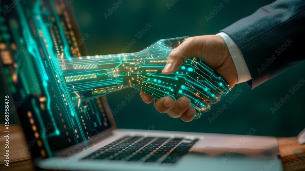 Poster human hand shaking a digital robotic hand emerging from a laptop, symbolizing technology integration