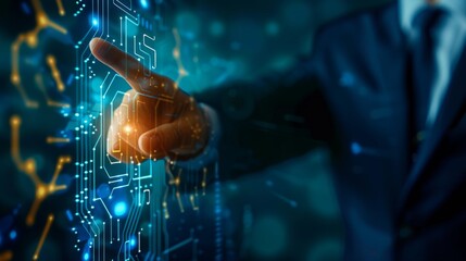 A person in a suit interacts with a glowing digital interface, highlighting futuristic technology and innovation.