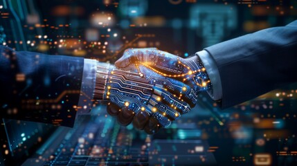 A human hand shakes a digital, circuit-inspired robotic hand, symbolizing collaboration between humans and technology in a futuristic business environment.