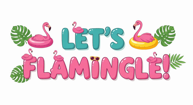 Happy summer text set vector icon with flamingo quote &ldquo;Let&rsquo;s Flamingle!&rdquo; in playful summer style