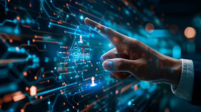 A hand interacts with a futuristic digital interface displaying network connections and icons, symbolizing advanced technology and data exchange.