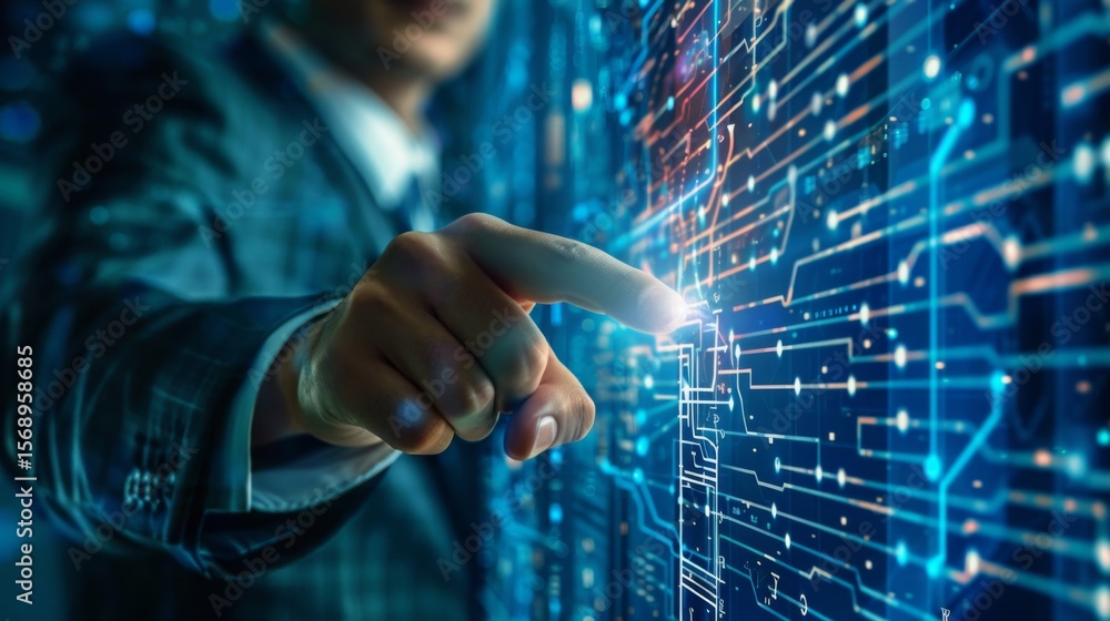 Poster a businessman interacts with a transparent digital interface displaying futuristic data and circuit 