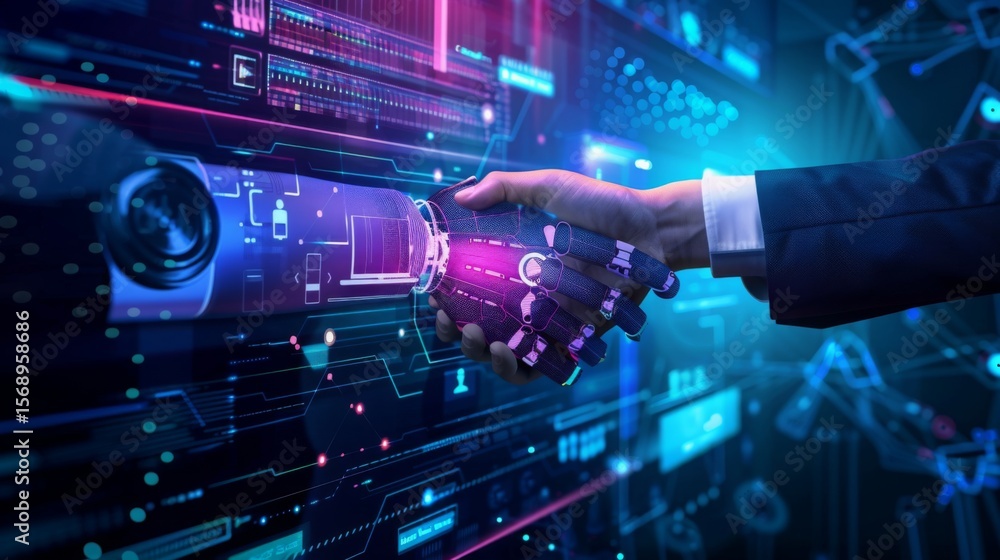 Poster a human hand and a robotic hand shake in front of a digital interface, symbolizing collaboration bet