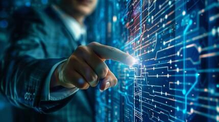 A businessman interacts with a transparent digital interface displaying futuristic data and circuit patterns.
