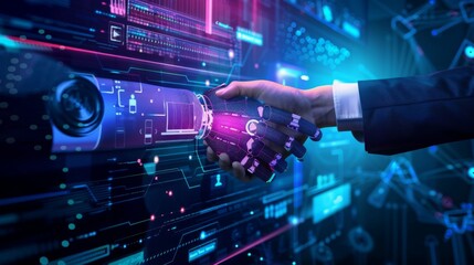 A human hand and a robotic hand shake in front of a digital interface, symbolizing collaboration between humans and artificial intelligence technology.