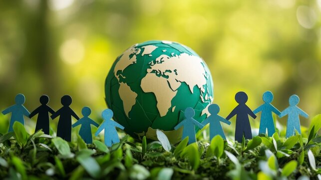 Paper cutout figures holding hands encircle a globe, symbolizing global unity and environmental care among lush greenery.