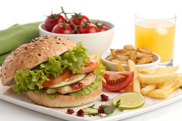 Sandwich with lettuce, tomato, and cucumber on a white plate