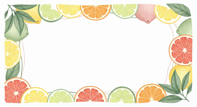 Happy summer text set vector icon with border frame of colorful citrus slices and tropical fruits
