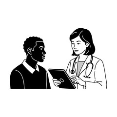Fototapeta premium Telehealth Consultation: Diverse Patient Explains to Asian Doctor via Tablet