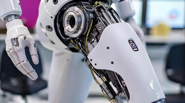 A close-up view of a robotic arm showing intricate mechanical components and wiring.