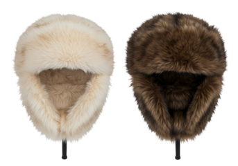 Two Faux Fur Trapper Hats Cream and Brown isolated on transparent background