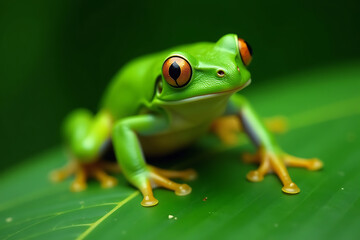 Red-Eyed Tree Frog on Leaf in Tropical Rainforest

