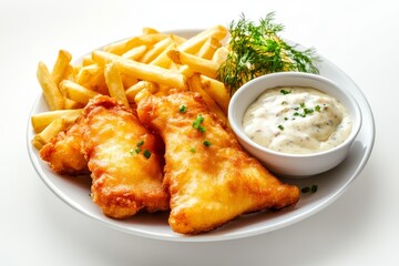 Crispy Fish and Chips on White Plate, Restaurant Food