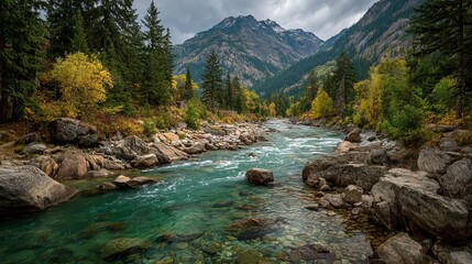 A vibrant turquoise river flows through a lush forest