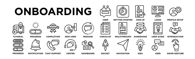  Onboarding icon set. Editable Stroke Icon Collection. User Welcome, Getting Started, Sign Up, Login, Profile Setup, Checklist, Walkthrough, Handshake, User Guide, Introduction, Tutorial, Progress Bar
