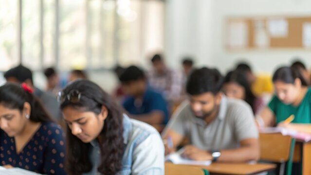 Blurred university classroom with Indian students engaged in group study session
