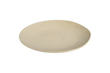 Simple beige ceramic plate with speckled texture isolated on transparent background