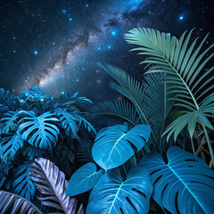 Tropical Dreams: Blue Foliage Collection Against a Cosmic Backdrop