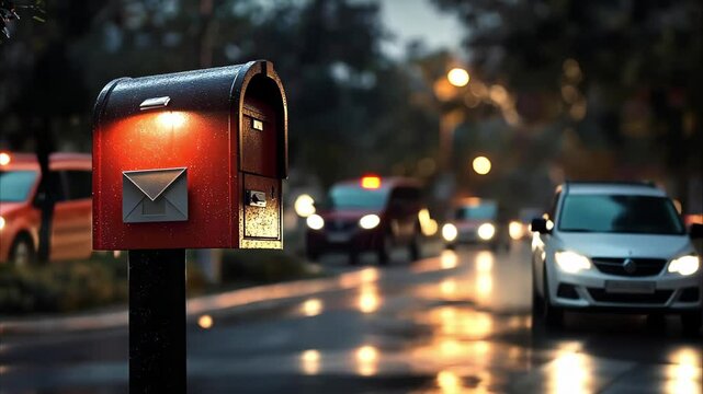 A red mailbox stands by a wet street, illuminated by nearby lights, with blurred cars in the background.