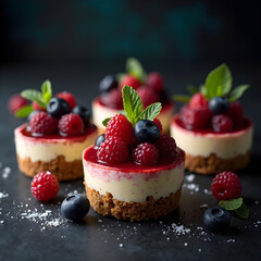 A close up of several mini cheesecakes with berries on top