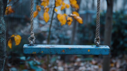 Blue child swing hanging from tree branch