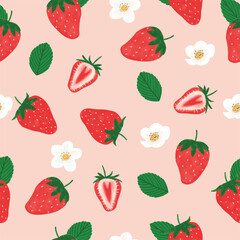 Cute Strawberry and Flower Hand Drawn Seamless Pattern background vector illustration.