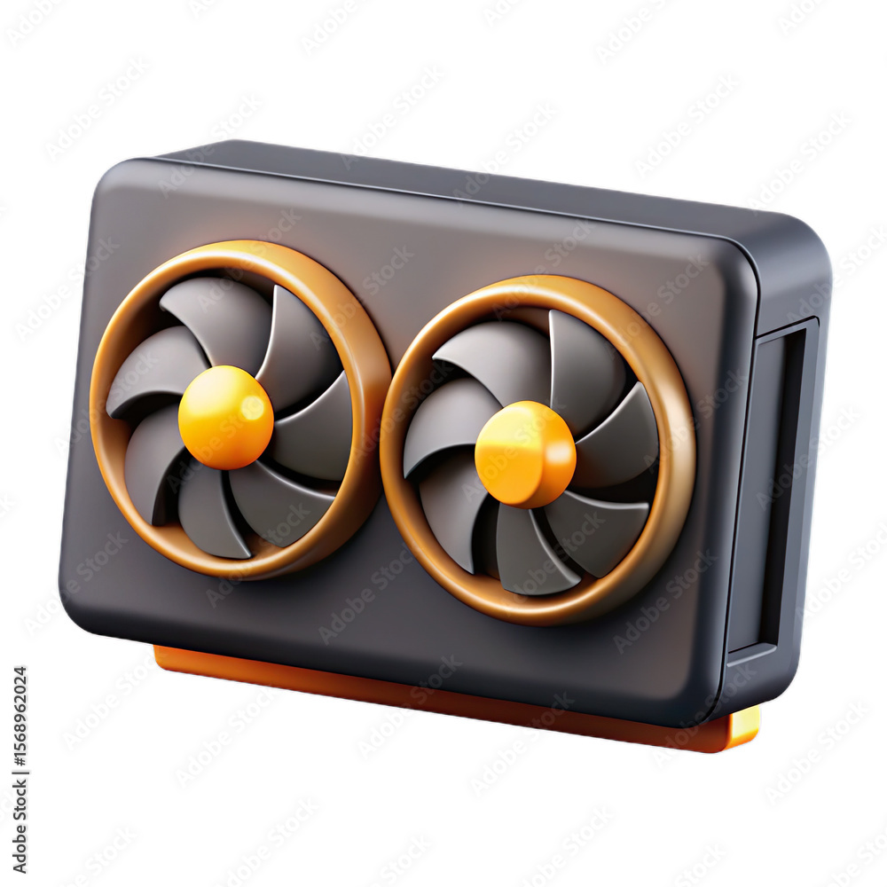 Fototapete Stylized 3d rendering of a dual fan graphics card with orange accents isolated on treansparent background
