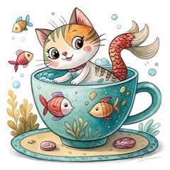 Cat is in a cup with fish