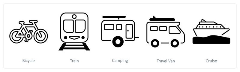 A set of 5 mix icons as bicycle, train, camping