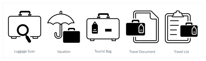 A set of 5 mix icons as luggage scan, vacation, tourist bag