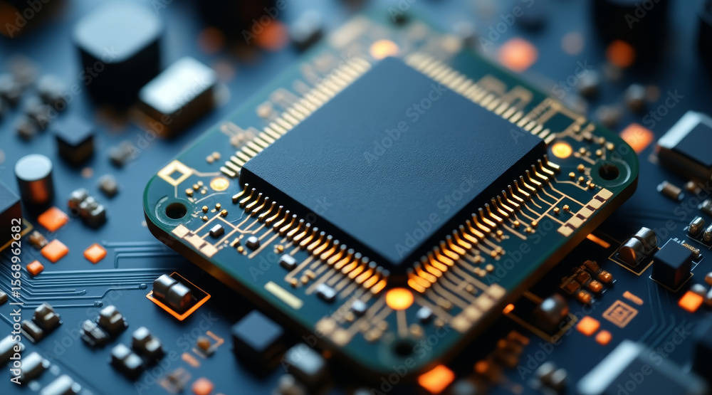 Poster key chip technology concept ,microchip embedded smart wearable camera close up with glowing circuit 