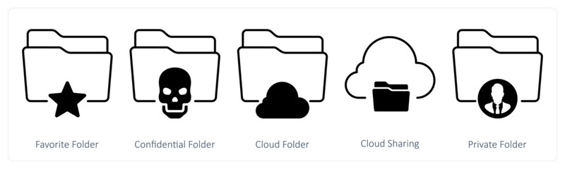 A set of 5 mix icons as favorite folder, confidential folder, cloud folder