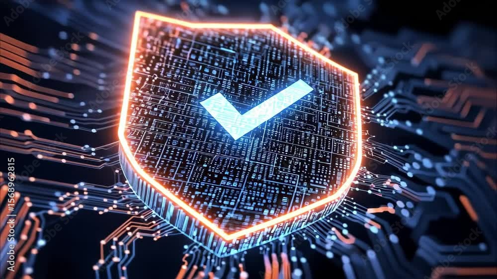 Aufkleber a digital shield icon with a check mark, surrounded by circuitry, symbolizing cybersecurity and prot